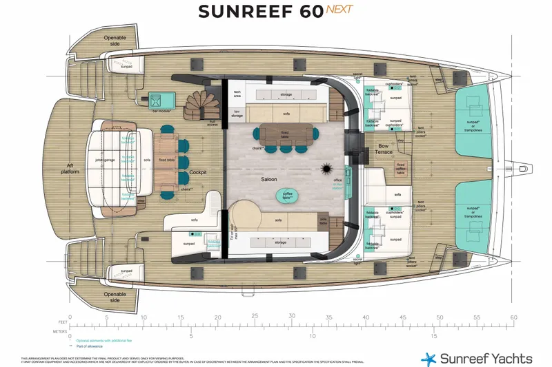  Yacht Photos Pics Floor plan of the 2027 Sunreef 60 NEXT luxury yacht, featuring spacious deck and interior layout.