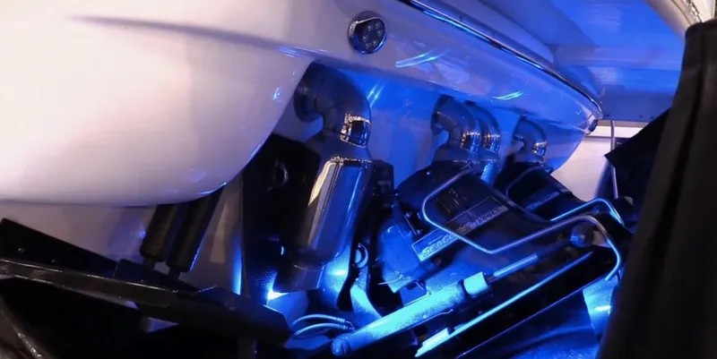  Yacht Photos Pics 2015 Formula 400 FX8 engine compartment with blue LED lighting.