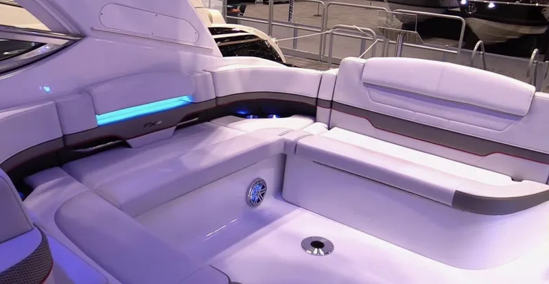 Yacht Photos Pics 2015 Formula 400 FX8 boat interior with white seating and blue LED lighting.