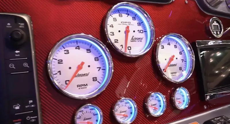  Yacht Photos Pics Dashboard of a 2015 Formula 400 FX8 boat with illuminated gauges.