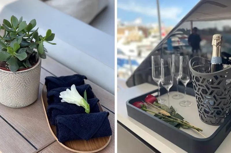 Lumpasaurus Yacht Photos Pics Luxurious setup on Custom Line Navetta 33 yacht, featuring elegant decor and champagne.