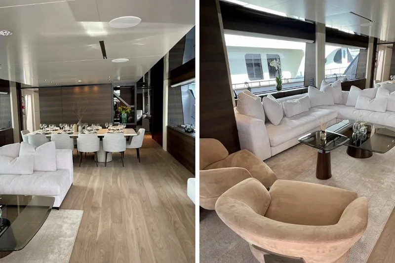 Lumpasaurus Yacht Photos Pics Luxurious interior of 2023 Custom Line Navetta 33 yacht with elegant dining and seating areas.