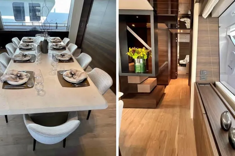 Lumpasaurus Yacht Photos Pics Luxurious interior of 2023 Custom Line Navetta 33 yacht with elegant dining and modern decor.