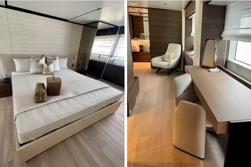 Lumpasaurus Yacht Photos Pics Luxurious bedroom and seating area in 2023 Custom Line Navetta 33 yacht.