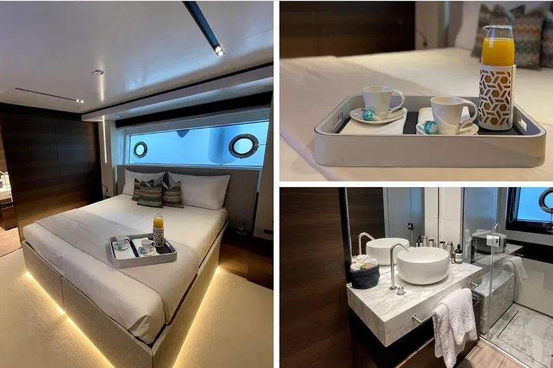 Lumpasaurus Yacht Photos Pics Luxurious 2023 Custom Line Navetta 33 yacht interior with elegant bedroom and modern bathroom.