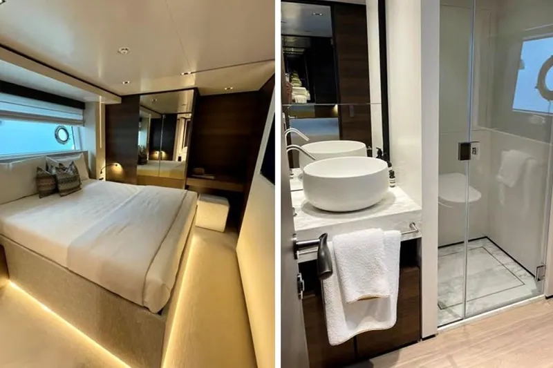 Lumpasaurus Yacht Photos Pics Luxurious 2023 Custom Line Navetta 33 yacht interior with elegant bedroom and modern bathroom.