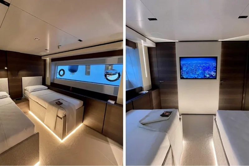 Lumpasaurus Yacht Photos Pics Luxurious interior of 2023 Custom Line Navetta 33 yacht with twin beds and TV.