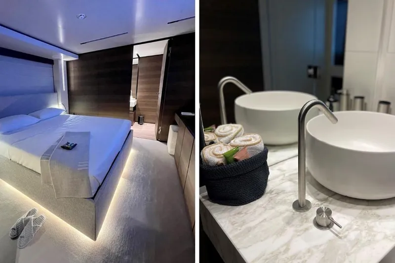 Lumpasaurus Yacht Photos Pics Luxurious bedroom and bathroom on 2023 Custom Line Navetta 33 yacht, featuring modern design.