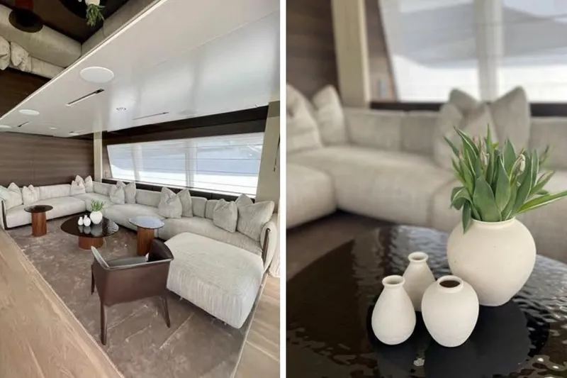 Lumpasaurus Yacht Photos Pics Luxurious interior of 2023 Custom Line Navetta 33 yacht with elegant seating and decor.