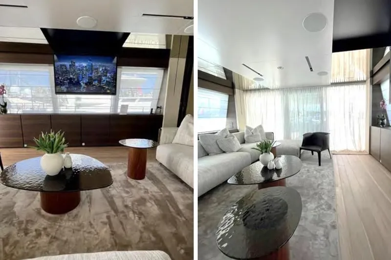 Lumpasaurus Yacht Photos Pics Luxurious interior of 2023 Custom Line Navetta 33 yacht with elegant furnishings and decor.