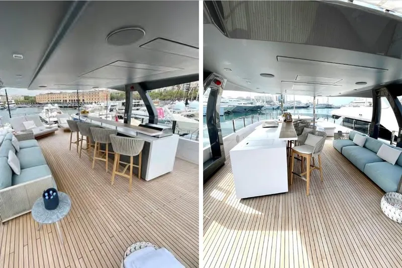 Lumpasaurus Yacht Photos Pics Luxurious 2023 Custom Line Navetta 33 yacht interior with elegant seating and bar area.