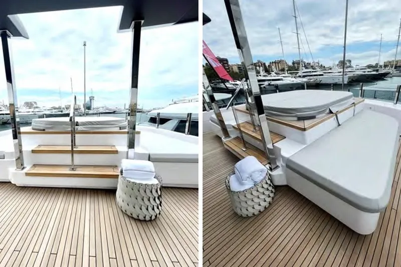 Lumpasaurus Yacht Photos Pics Luxurious 2023 Custom Line Navetta 33 yacht deck with elegant seating and modern design.