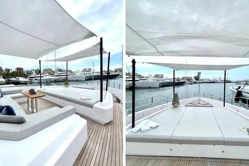 Lumpasaurus Yacht Photos Pics Luxurious 2023 Custom Line Navetta 33 yacht deck with elegant seating and scenic marina views.
