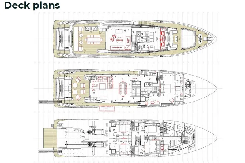 Lumpasaurus Yacht Photos Pics Deck plans of 2023 Custom Line Navetta 33 yacht, showcasing three detailed levels.