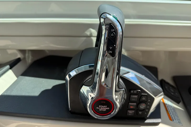  Yacht Photos Pics Throttle control of 2022 Boston Whaler 320 Vantage boat, featuring start/stop button.