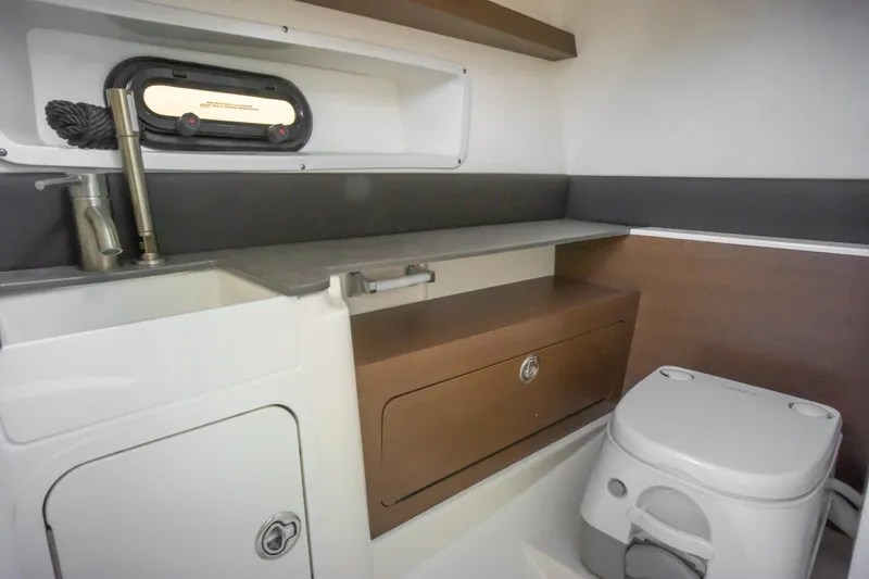 Yacht Photos Pics 2022 Sea Ray SDX 290 Outboard interior bathroom with sink and toilet.