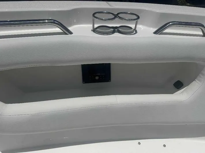 Black Label Marine Yacht Photos Pics Interior view of 2026 Sea Fox 288 Traveler boat with cup holders and seating.