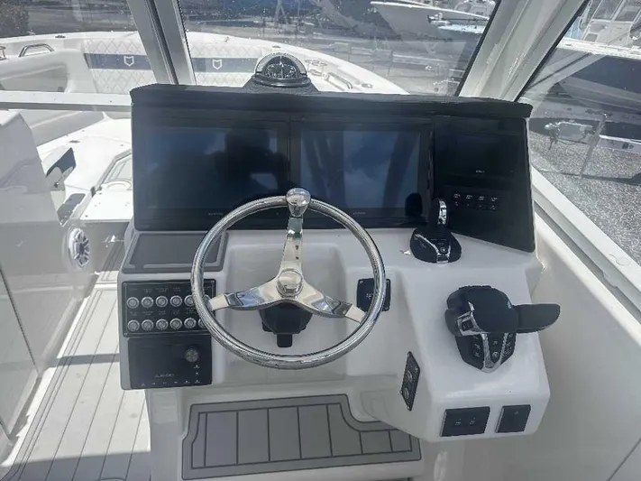 Black Label Marine Yacht Photos Pics Helm of 2026 Sea Fox 288 Traveler with modern controls and dual screens.