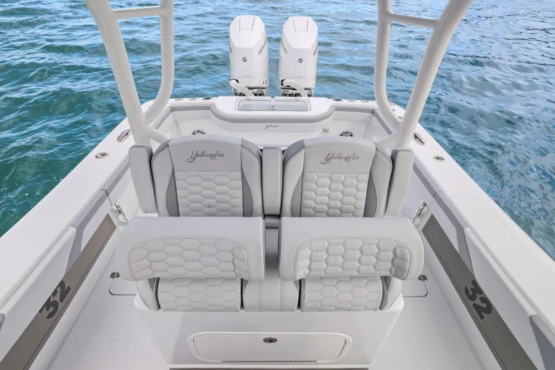  Yacht Photos Pics 2026 Yellowfin 32 Offshore boat interior with dual seats and ocean view.