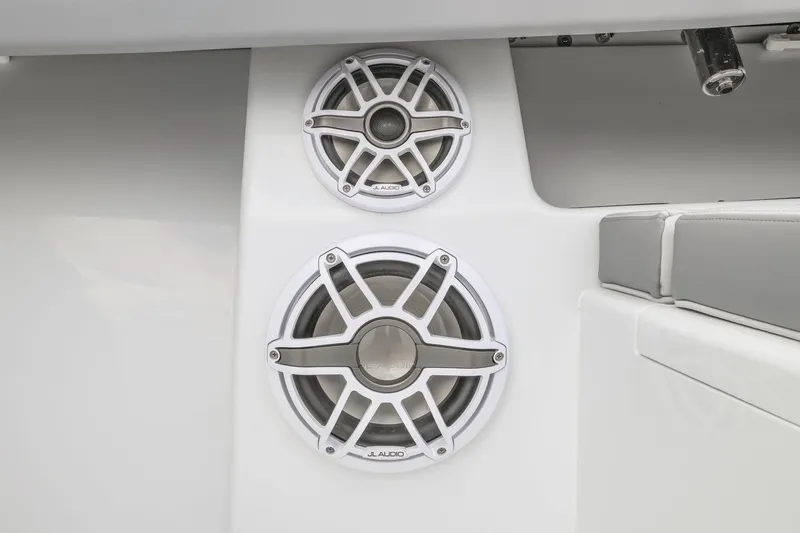  Yacht Photos Pics 2026 Yellowfin 32 Offshore boat speakers, JL Audio, white interior detail.