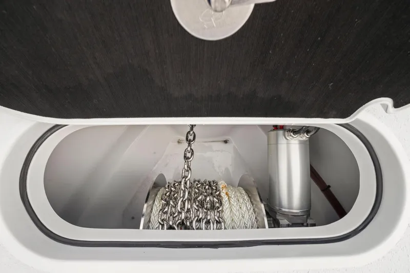  Yacht Photos Pics Anchor chain compartment of 2026 Yellowfin 32 Offshore boat.
