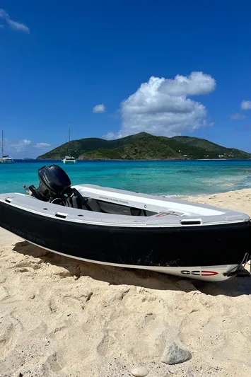 Scarlet Ibis Yacht Photos Pics Small boat on sandy beach with turquoise water and island backdrop.