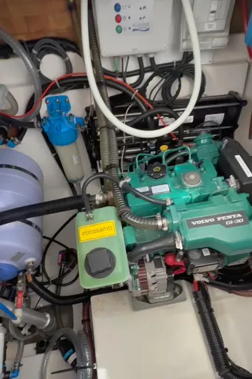 Scarlet Ibis Yacht Photos Pics Engine room of 2023 Fountaine Pajot Isla 40 catamaran with Volvo Penta engine.