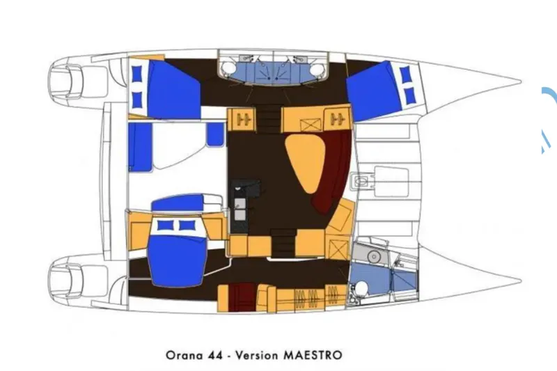Littlest Hobo Yacht Photos Pics Floor plan of 2009 Fountaine Pajot Orana 44 Maestro catamaran, featuring cabins and living areas.