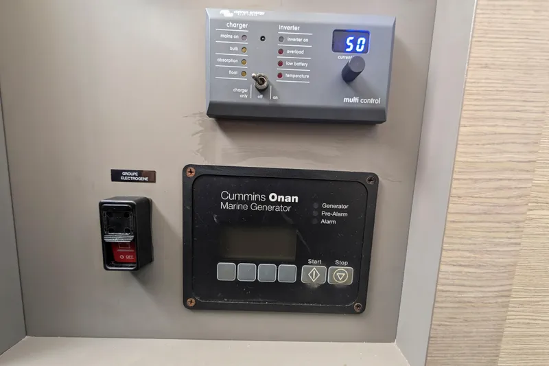 Love A Fayre Yacht Photos Pics Control panel of a 2020 Fountaine Pajot Astrea 42 with Cummins Onan Marine Generator.