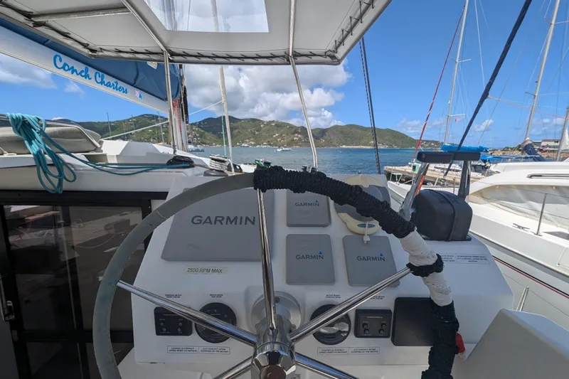 Love A Fayre Yacht Photos Pics Cockpit view of 2020 Fountaine Pajot Astrea 42 catamaran with Garmin navigation system.