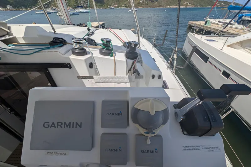 Love A Fayre Yacht Photos Pics Cockpit view of 2020 Fountaine Pajot Astrea 42 catamaran with Garmin navigation system.