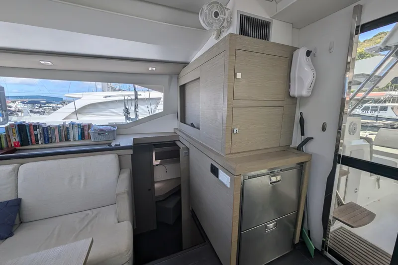 Love A Fayre Yacht Photos Pics Interior of 2020 Fountaine Pajot Astrea 42 yacht with modern cabinetry and seating.