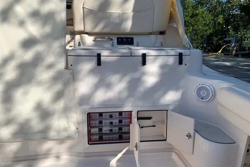  Yacht Photos Pics 2015 Grady-White Express 370 boat interior with storage compartments and seating.