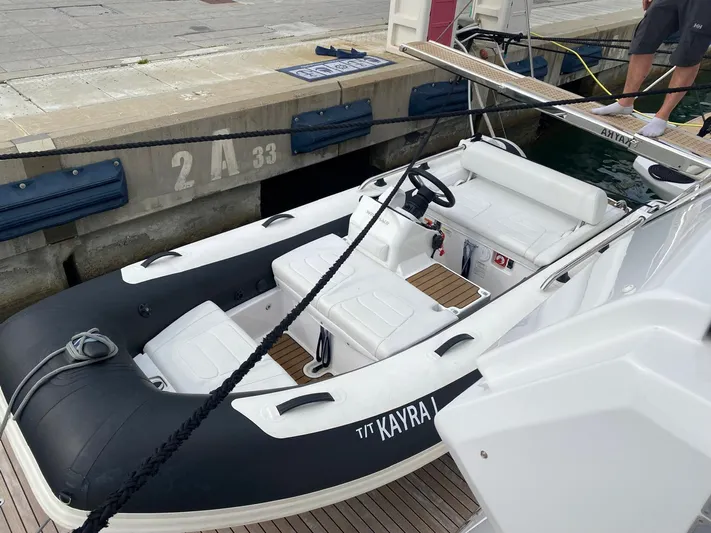 Kayra 1 Yacht Photos Pics Inflatable tender boat docked beside a 2024 Ferretti Yachts 780.