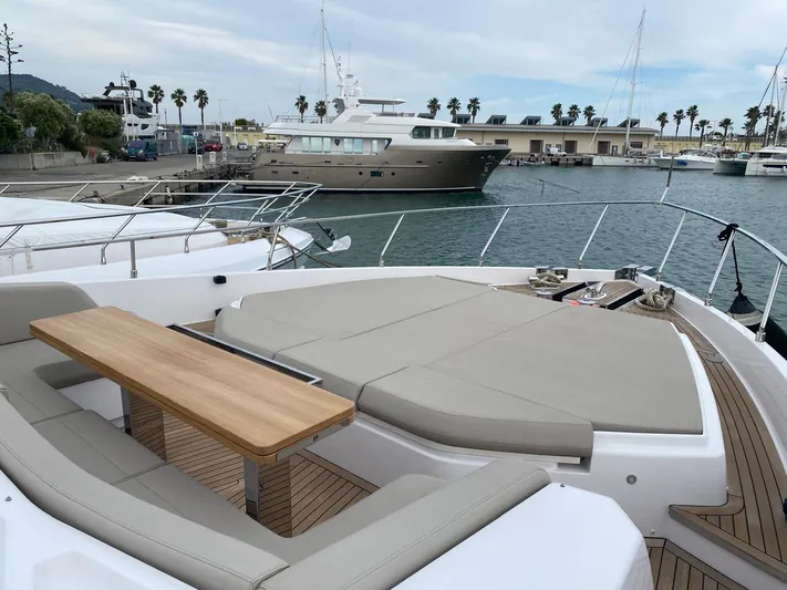 Kayra 1 Yacht Photos Pics Luxurious 2024 Ferretti Yachts 780 with spacious deck and elegant seating in marina.
