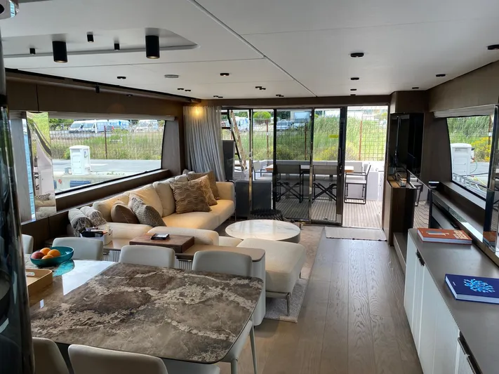 Kayra 1 Yacht Photos Pics Luxurious interior of 2024 Ferretti Yachts 780 with modern furnishings and spacious layout.