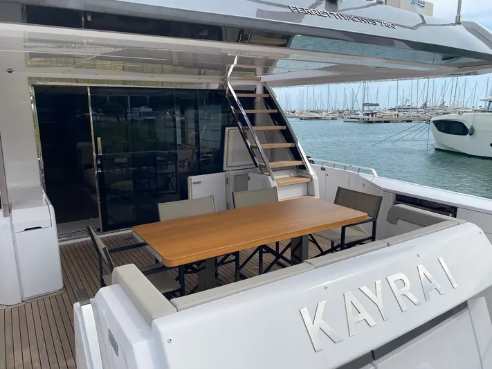 Kayra 1 Yacht Photos Pics 2024 Ferretti Yachts 780 aft deck with dining area and marina view.
