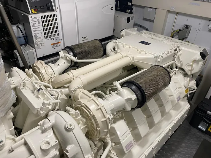 Kayra 1 Yacht Photos Pics Engine room of 2024 Ferretti Yachts 780, showcasing powerful marine engine components.