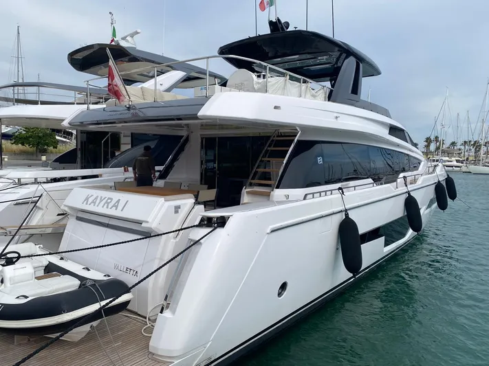 Kayra 1 Yacht Photos Pics 2024 Ferretti Yachts 780 docked, featuring sleek design and modern amenities.
