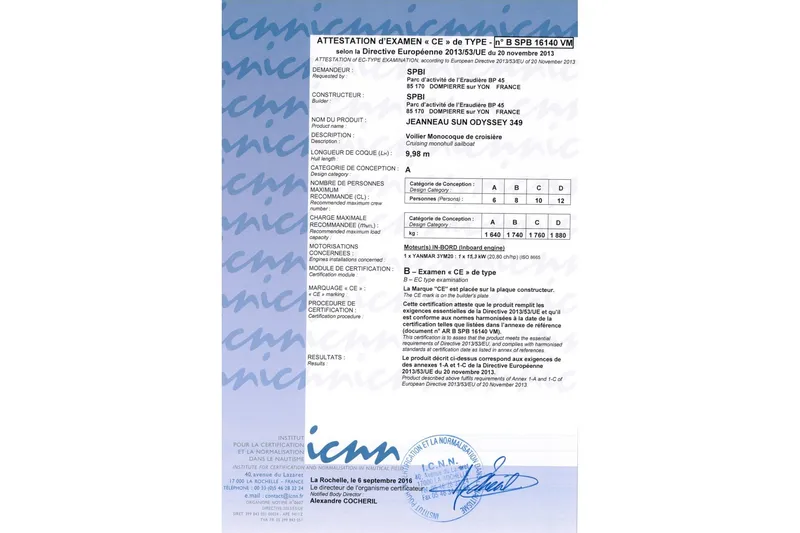  Yacht Photos Pics Certification document for Jeanneau Sun Odyssey 349 Performance, 2023 model, detailing specifications and compliance.