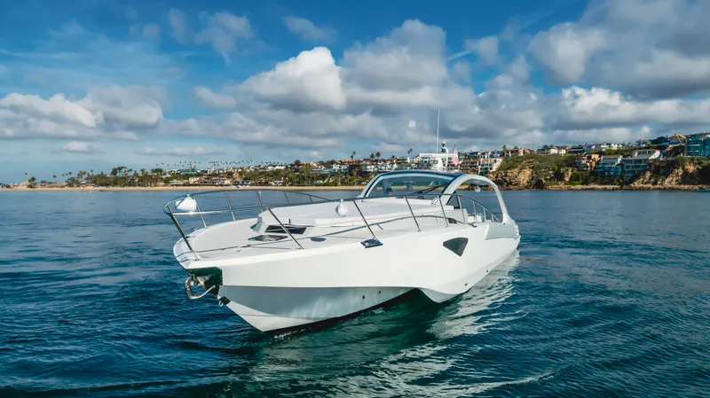 Catch And Release Yacht Photos Pics Triton Custom 2017 boat on calm water with scenic coastal background.