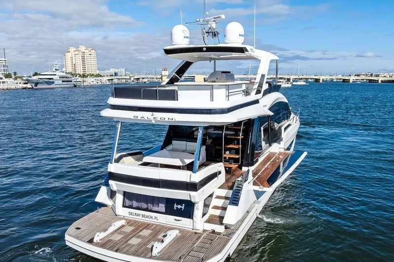  Yacht Photos Pics 2018 Galeon 640 Fly yacht cruising in Delray Beach, FL, with modern design and spacious decks.