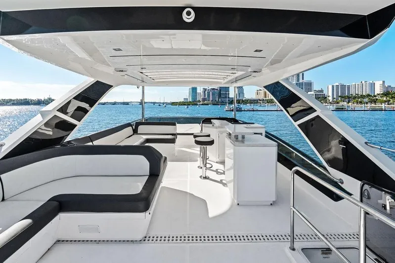  Yacht Photos Pics Luxurious 2018 Galeon 640 Fly yacht interior with ocean view and modern seating.