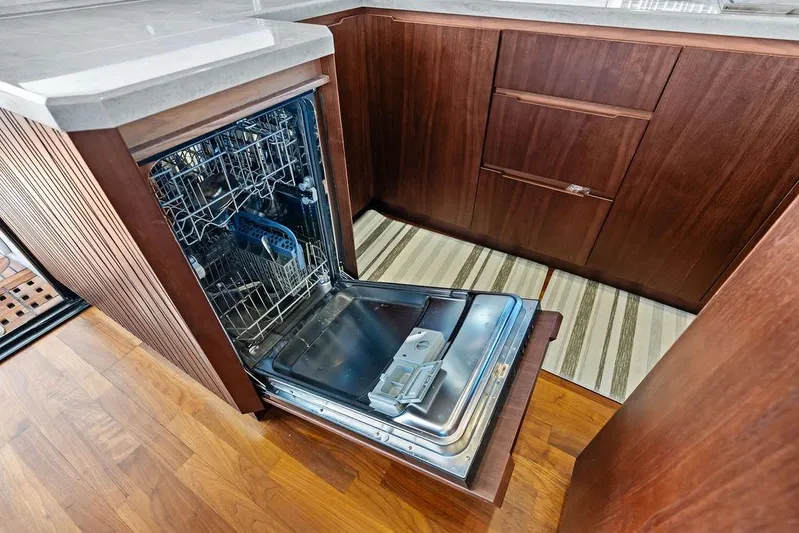  Yacht Photos Pics Open dishwasher in the kitchen of a 2018 Galeon 640 Fly yacht.