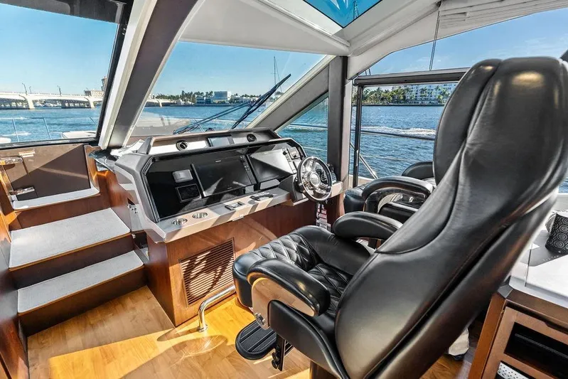  Yacht Photos Pics Luxurious interior of 2018 Galeon 640 Fly yacht with leather seating and modern helm.