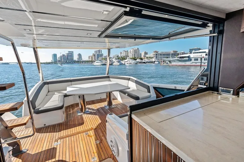  Yacht Photos Pics Luxurious 2018 Galeon 640 Fly yacht interior with waterfront city view.