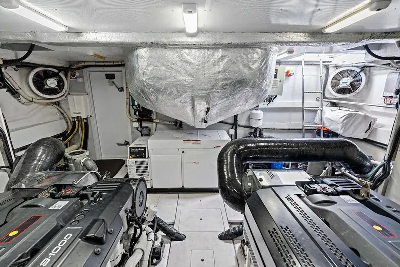  Yacht Photos Pics Engine room of 2018 Galeon 640 Fly yacht, featuring advanced machinery and equipment.