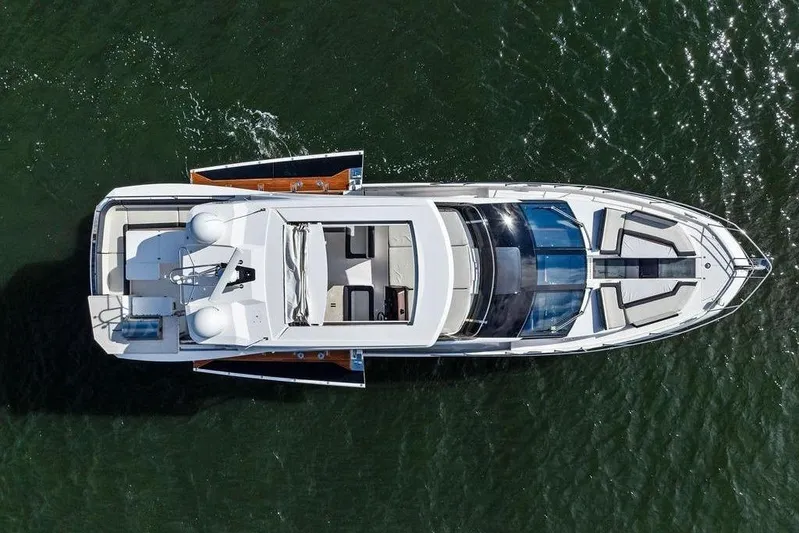  Yacht Photos Pics Overhead view of 2018 Galeon 640 Fly yacht on water.