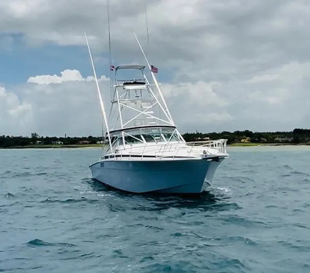 El Caiman Yacht Photos Pics 1994 Bertram 46 Moppie yacht cruising on open water under cloudy skies.
