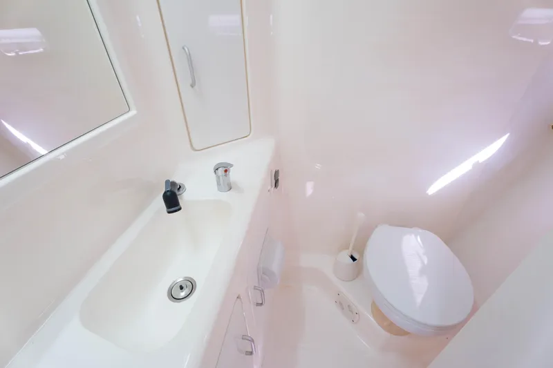 Osprey Yacht Photos Pics Compact bathroom in 2010 Voyage 520 yacht with sink, mirror, and toilet.